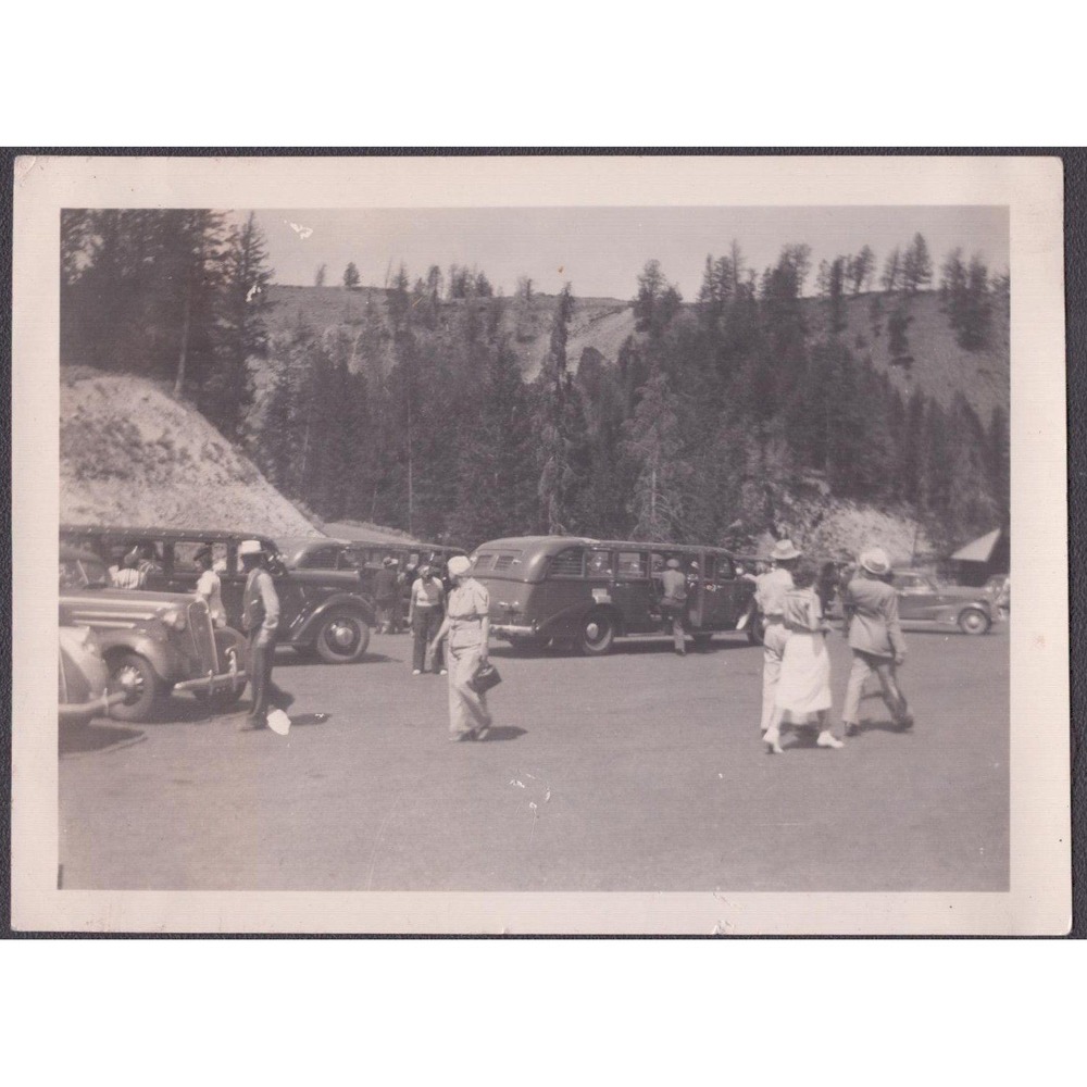 Vintage 1939 Snapshot Photo Yellowstone National Park Touring Buses Wyoming
